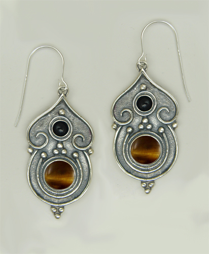 Sterling Silver Gothic Inspired Drop Dangle Earrings With Tiger Eye And Black Onyx